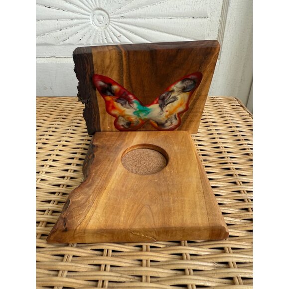 Vintage 70s Candle Votive Holder Live Edge Wood Resin Butterfly Boho - Picture 8 of 10